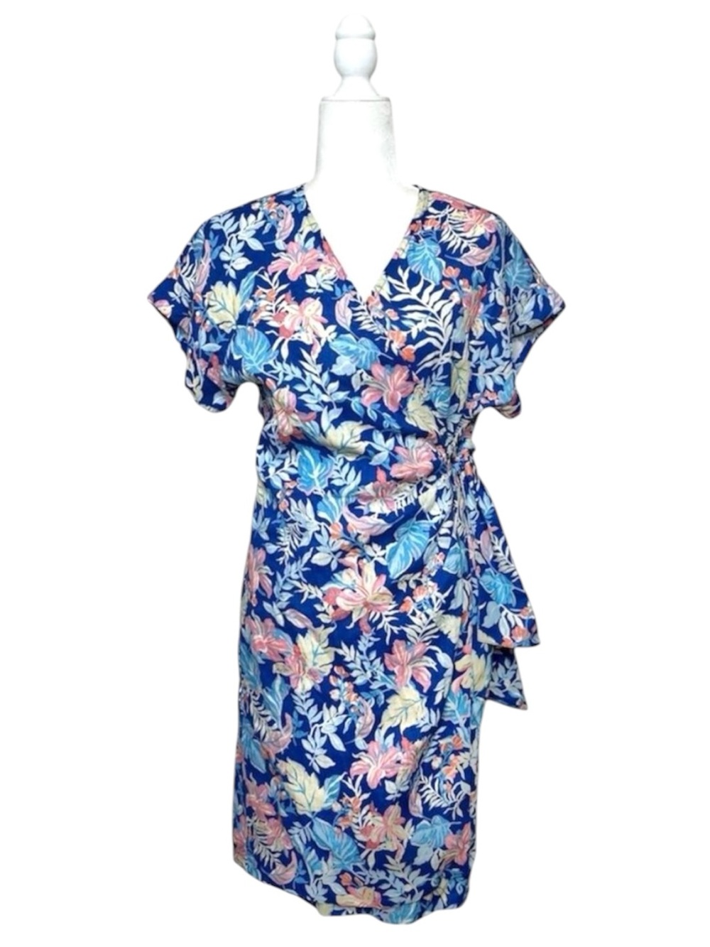 J. McLaughlin Linen Floral Wrap Dress Size Small Blue Pink Coastal Preppy Beach